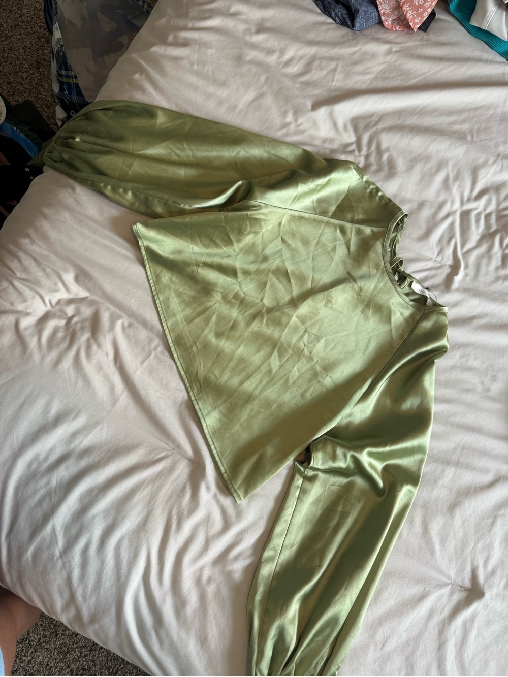 Satin Olive Green Long Sleeve Blouse